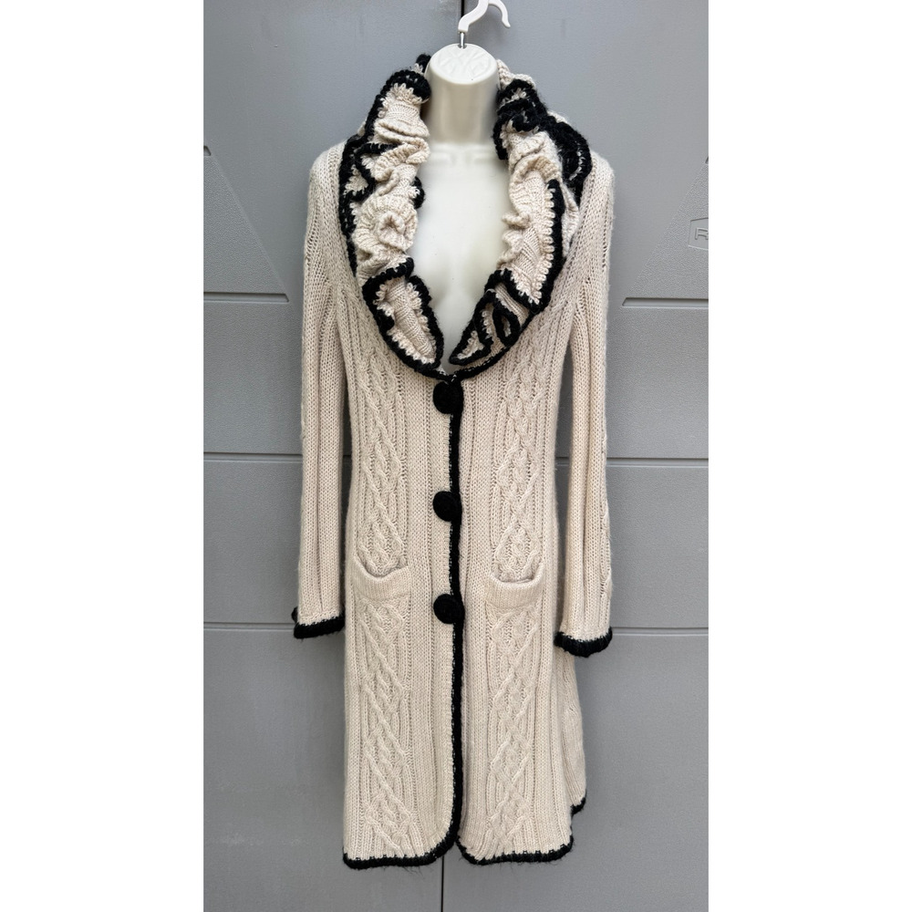 Y2K BCBGMAXAZRIA Mohair Blend Ruffle Duster Sweater Coat Sz M Victorian Artsy - Picture 3 of 14